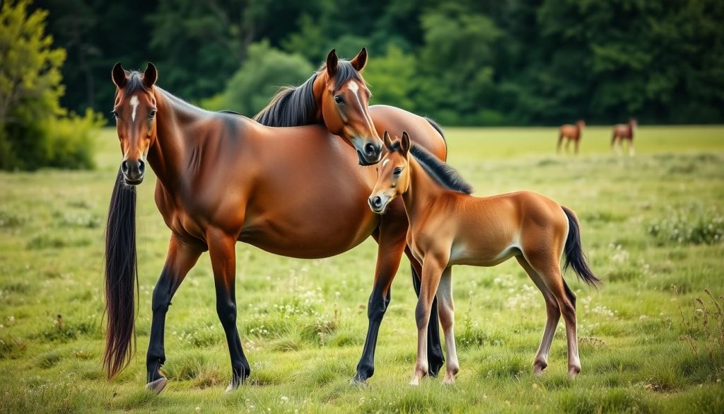 Oldenburger Stute mit Fohlen auf der Weide